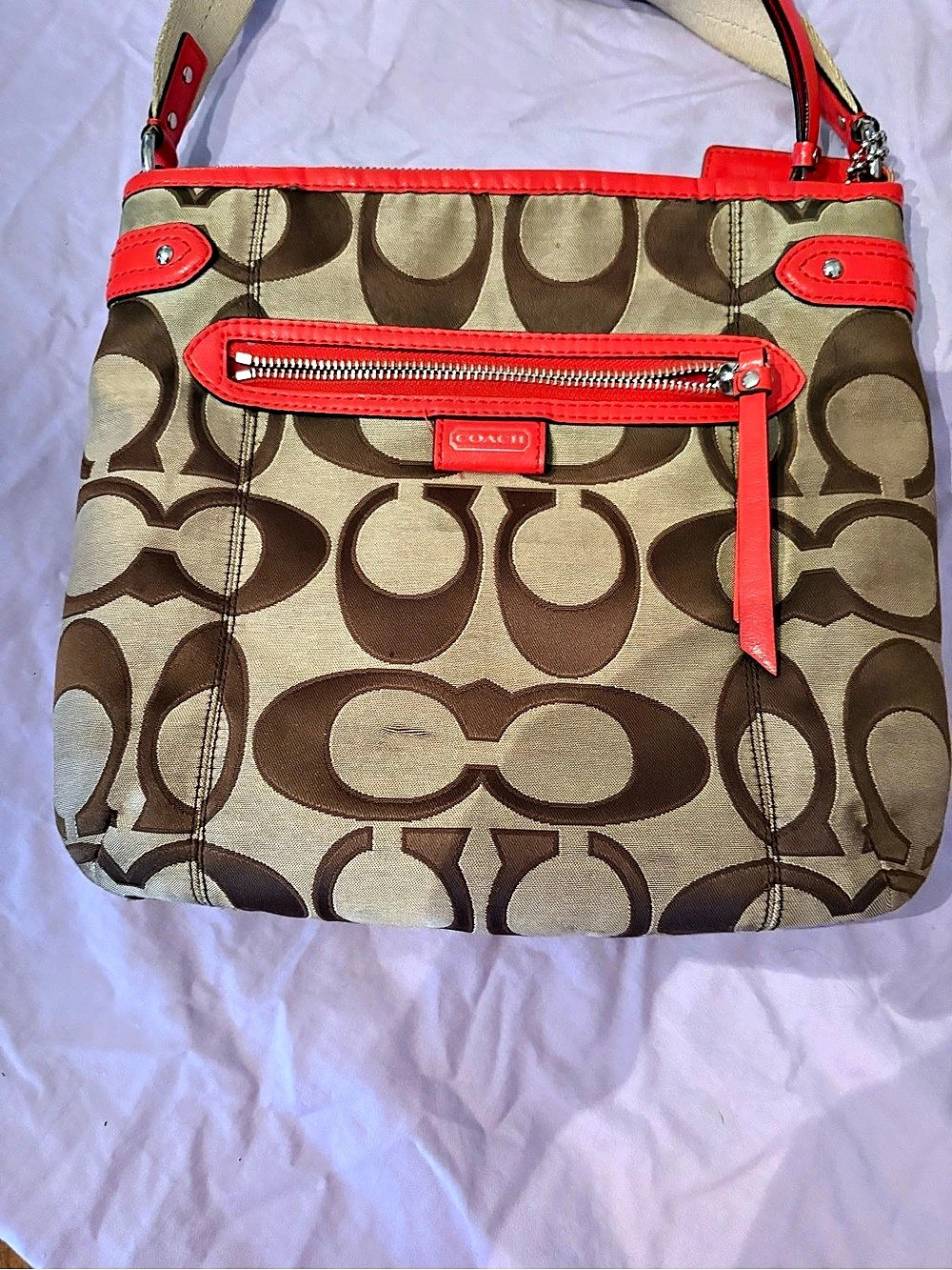 Coach Daisy Signature Outline File Bag Crossbody Brown & Red